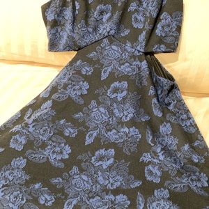 Mimi Chica dress, sized Large with navy blue appliqué like flowers.